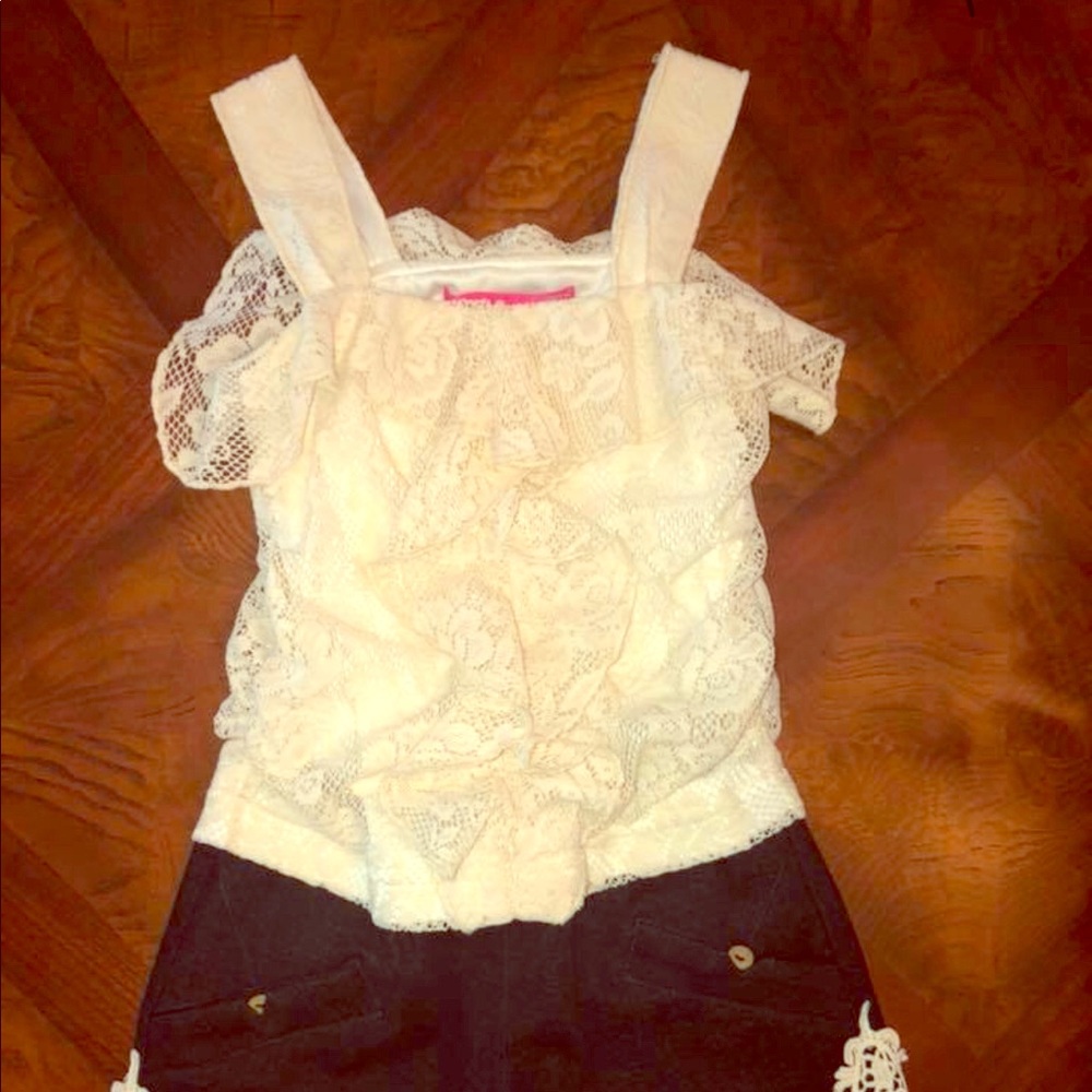 Denim and lace romper with pockets